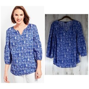 Talbots Popover Blouse Size Small Linen Blue White Floral Lantern 3/4 Sleeve